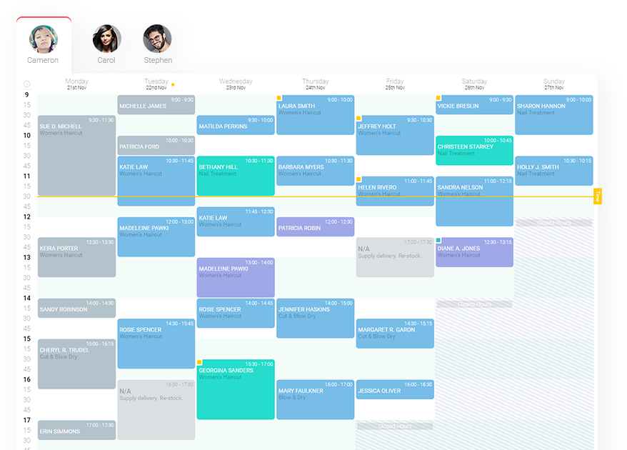 Planfy.com 业务日历显示当前一周的预订和约会。