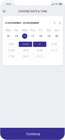 Pemilih tanggal dan waktu Planfy.com menunjukkan kepada pengguna slot yang tersedia untuk pemesanan.